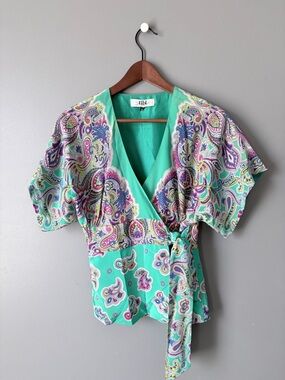 Tibi Teal Paisley Wrap Tunic with Lavender and Pink Details